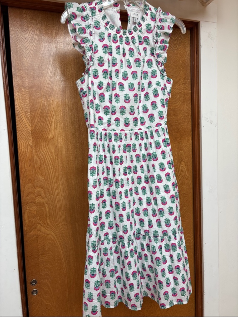 I. Crew ruffled Sleeve White Midi Dress with Pink & Green Leaf Print 2